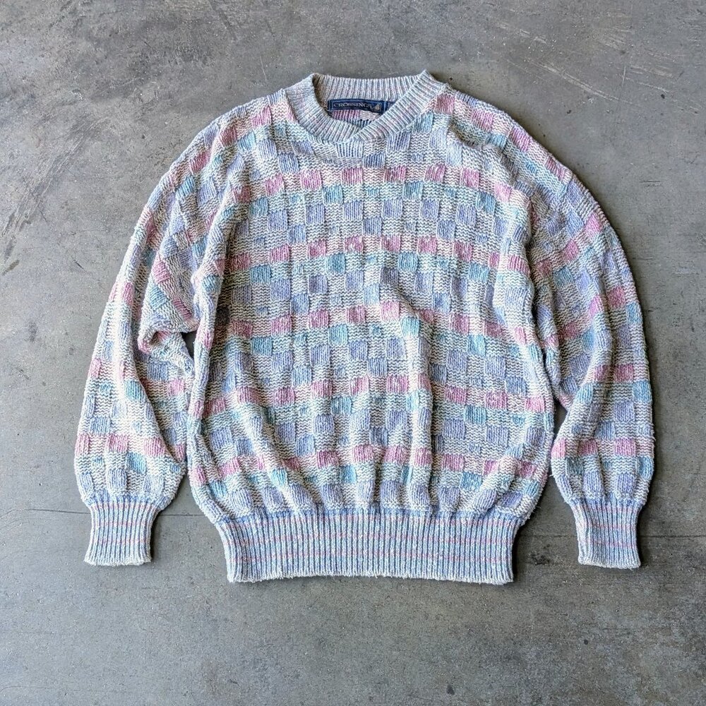 Vintage Eclectic Grandpa Crosshatch Knit Crewneck Sweater Blue Green Pink medium